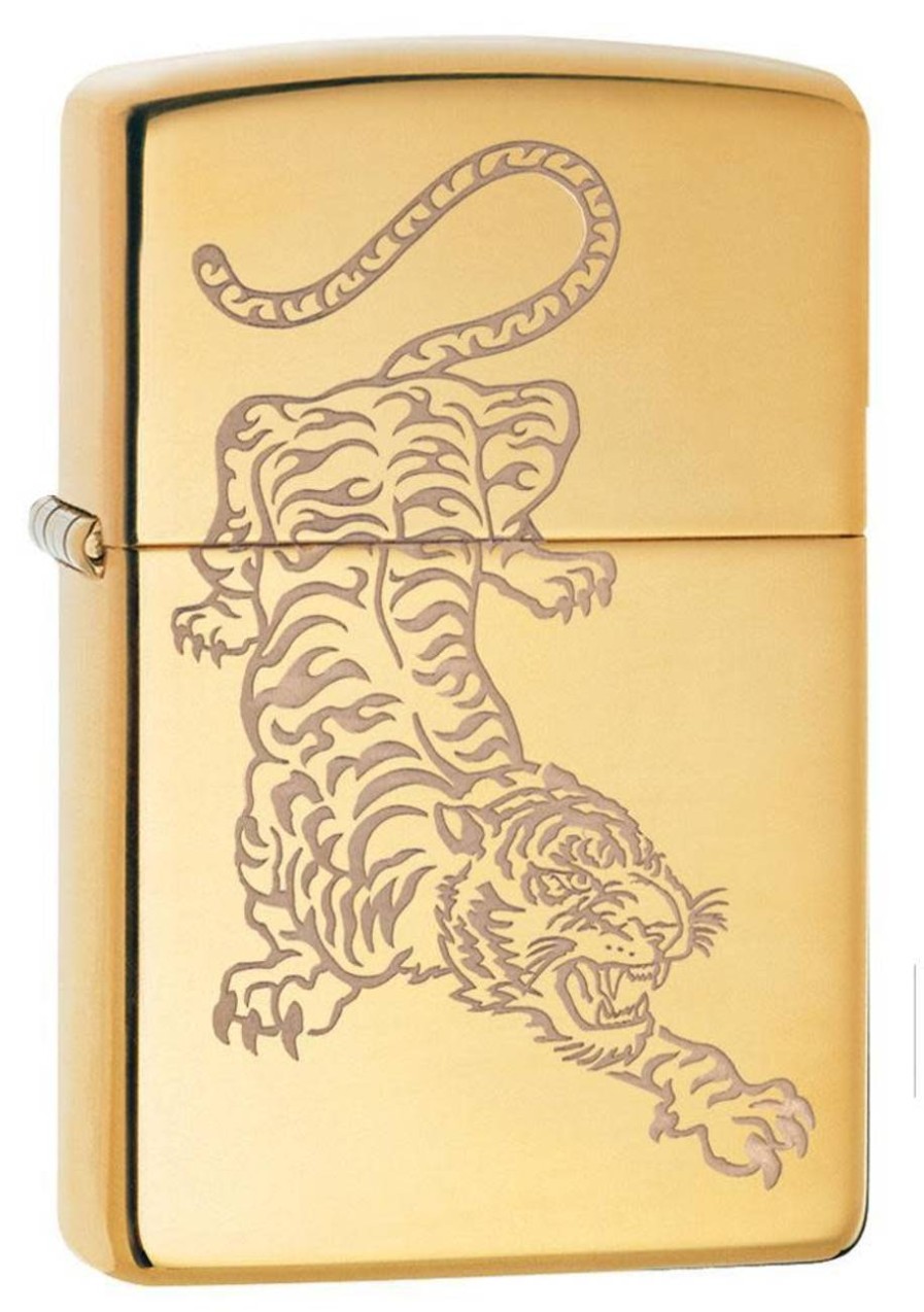 GAME-ON Zippo Lighters | Zippo - Tiger P High Polish Brass - Lighter